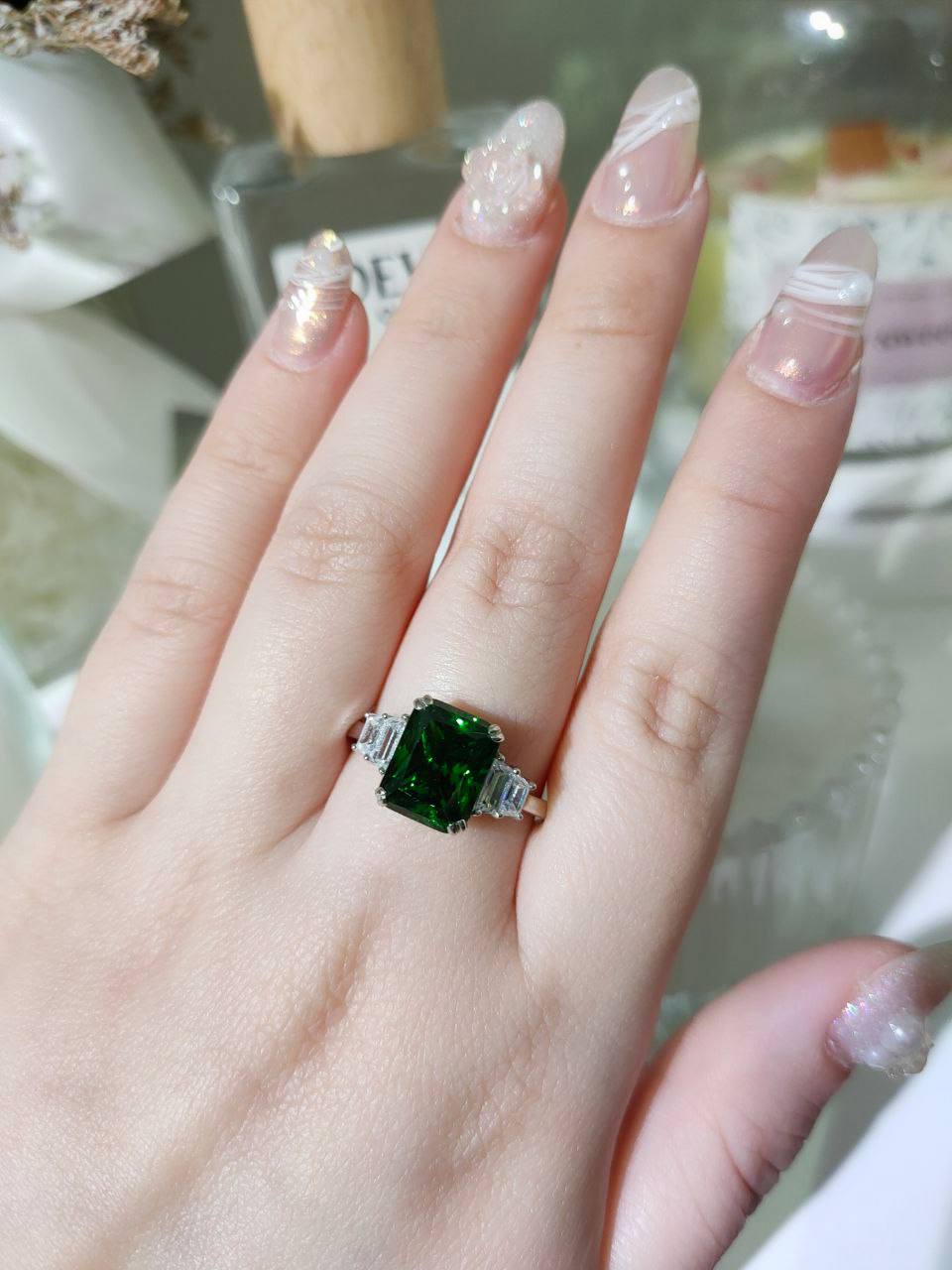 Eleanor 4 Carat Emerald Green Cut Trilogy Ring