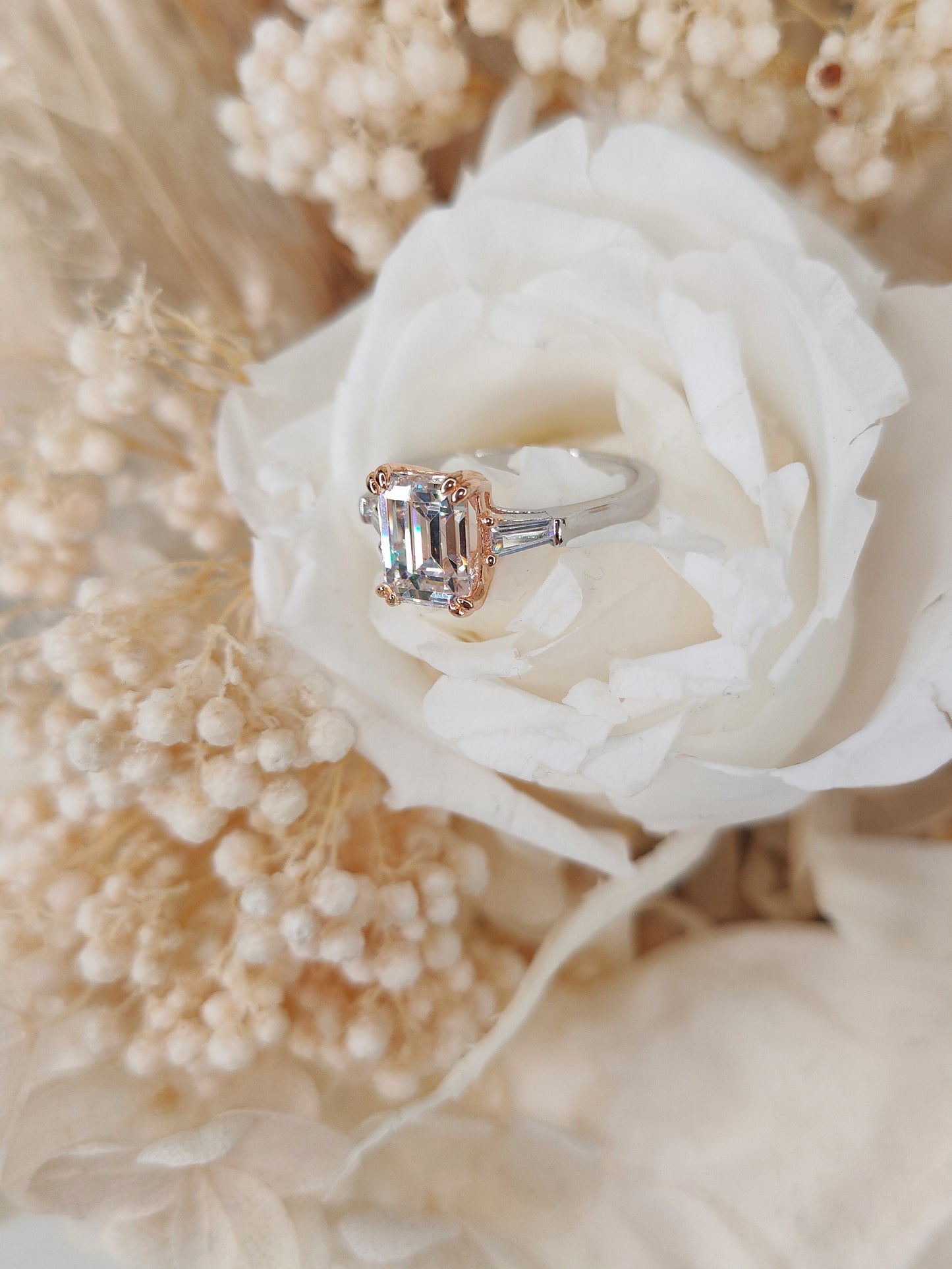 Eloise 2 Carat Emerald Ring in Rose Gold Prong Setting - Classic White