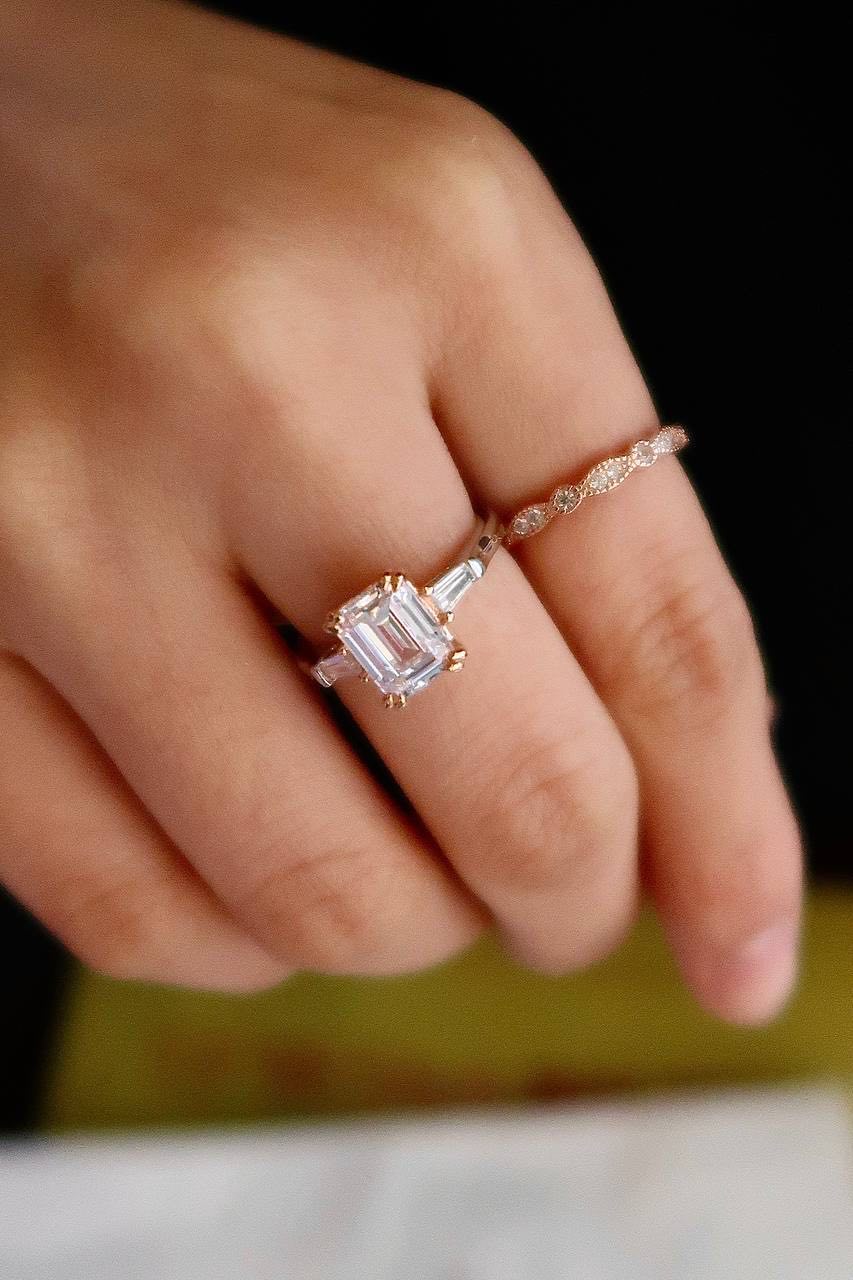 Eloise 2 Carat Emerald Ring in Rose Gold Prong Setting - Classic White